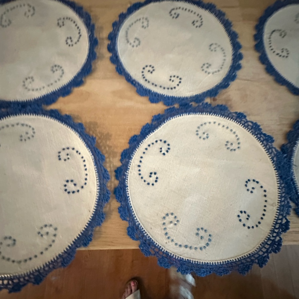 Handmade crochet “C” embroidered doily bundle of 8. Coaster, cup mat, doily.